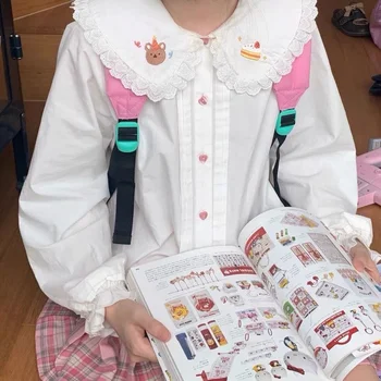 QWEEK Kawaii kadın Bluz Japon Tatlı Sevimli Beyaz Gömlek Gevşek Harajuku Puf Uzun Kollu Üst Düğme Up Kore Tarzı giysi