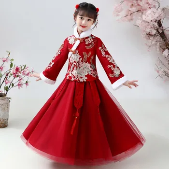 Sevimli Nakış Parti Elbise Kız Hanfu çocuk Sıcak Cheongsam Çin Tang Takım Çocuk Kış Artı Kadife