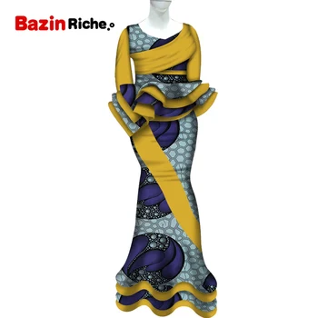 Geleneksel Afrika Patchwork 2 Parça etek setleri Giyim Bazin Riche Üstleri ve Mermaid Etek Setleri Kadınlar için WY5633