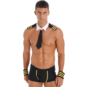 Erkekler Seksi Kaptan Lingerie Erotik Cosplay Sailor Kostüm Low Rise Elastik Kemer baksır şort Kravat Yaka Çizgili Manşetleri Seti