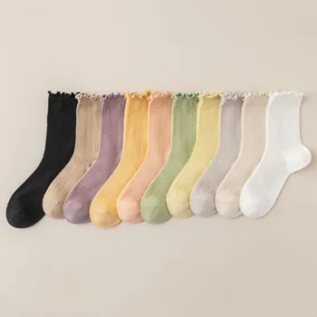 Yeni Düz Renk Pamuklu Kadın Çorap Yumuşak Nefes Harajuku Ekip Çorap İçi Boş İnce Örgü Japon Kawaii Sevimli Fırfırlı Fırfır Çorap