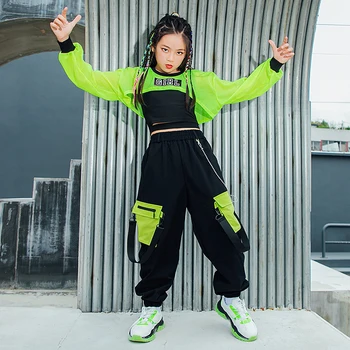 Çocuklar hip hop giysileri Kız Caz dans kostümü Neon Yeşil Kırpma Üstleri Siyah Yelek Kargo Pantolon Sokak Dans Performansı Giyim