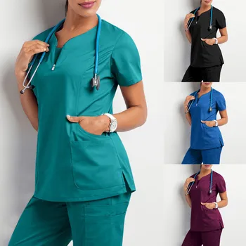 Yarım Fermuar Hemşire Üniformaları Kadın Tıbbi Scrubs Üstleri Sağlık Çalışanları Fırçalama Üstleri Hemşirelik Üniforma Bluz Gömlek Scrubs Üniformaları