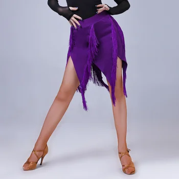 Yetişkin Latin dans eteği Seksi kadın Fringe Püsküller Samba Tango Uygulama Siyah Mor Bayan Cha Cha Rumba lotus Performans takım elbise
