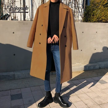 FOJAGANTO Sonbahar Kış Moda Yün Karışımları Ceket Erkekler Kore Tarzı Yaka Düz Renk Rüzgarlık Kalın İngiliz Rahat Ceket Erkek