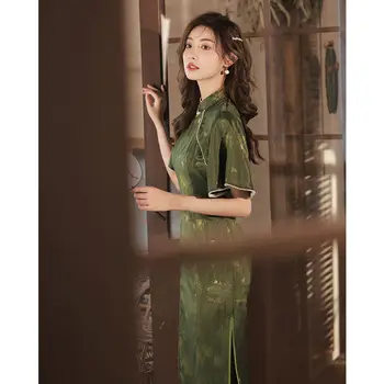 Derin Yeşil Cheongsam 2022 Yeni Retro Mizaç Zarif Uzun Geliştirilmiş High-end Elbise Kız Yaz Kadın Qipao Elbise