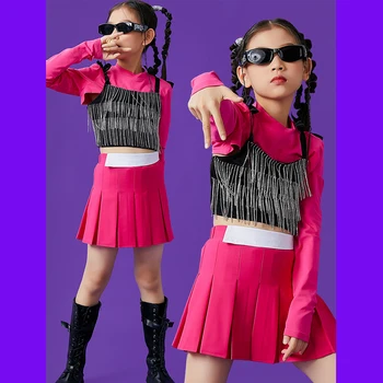 2022 Gül Kırmızı Kırpma Üstleri Etekler Kpop Kıyafetler Kızlar İçin Caz Dans Kostümleri Moda Hip Hop Dans Sahne Festivali Kostümleri DQS11423