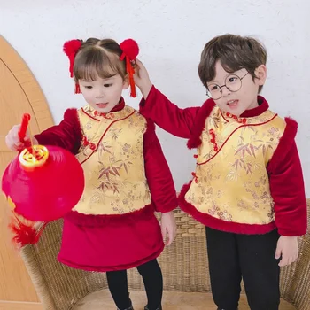 2021 Çin Geleneksel Çocuk Yeni Yıl Takım Elbise Erkek Kız Retro Çiçek Baskı Hanfu Elbise Seti Kawaii Rol Oynayan Sahne Kostümleri