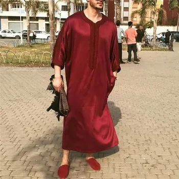 Yeni Eid Ramazan Müslüman Moda V Boyun Kaftan Bornoz Setleri 2022 Abaya Erkekler Retro Modern Rahat Gevşek Düz Renk İslami Giyim