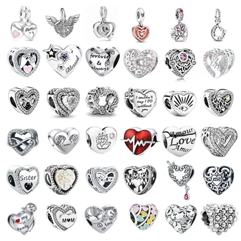 Kalp Şekli 925 Ayar Gümüş Aile sevgi Kolye çekici boncuklar Orijinal Pandora Bilezik DIY Takı Kadınlar İçin
