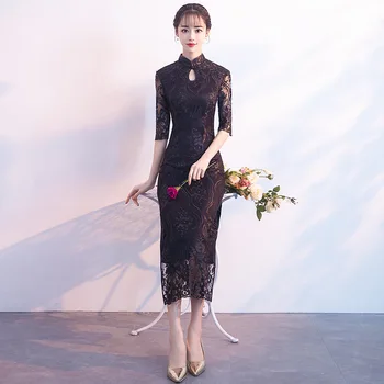 Yüksek Kaliteli 4XL Çince Geleneksel Elbise kadın Ince Cheongsam Nakış Sequins Modern Oryantal Uzun Qipao Abiye