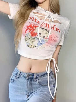 Deeptown kadın İçi Boş Kırpma Üst Kawaii Kedi Baskı kısa kollu t-shirt Streetwear Harajuku y2k Üst Egirl Grafik Tee 2022 Yaz