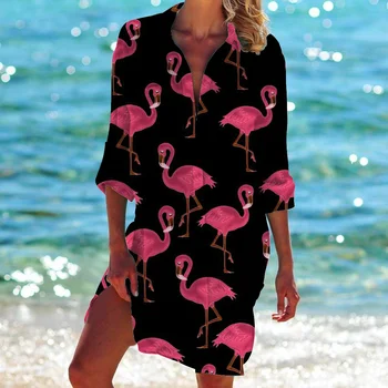 Flamingo Baskı kadın üst Banliyö rahat ince ince 3D baskılı Bohemian Turn-aşağı Yaka parti gömlek bikini plaj elbisesi