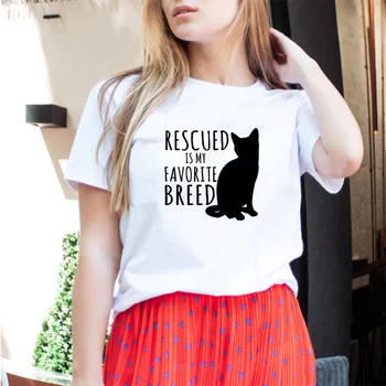 Kurtarıldı Benim Favori Cins Sevimli Kedi Anne Anne Gömlek Pamuk Kadın Tshirt Komik Mektup Baskı Kısa Kollu Üstleri Kız O Boyun Tees