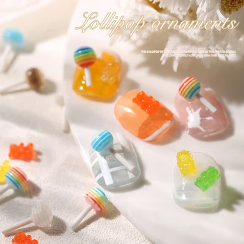 20 adet Mix Renkler Sevimli Lolipop Şeker Mini Nail Art Süslemeleri 3D Jöle Sakızlı Ayı Tırnak Takılar Karikatür DIY Manikür Aksesuarları