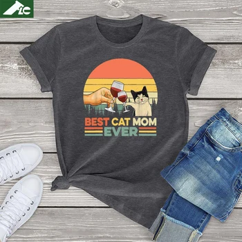100 % Pamuk Tee Bluzlar En İyi Kedi Anne Hiç T Shirt Kadın Rahat Kedi Anne Üstleri Komik Bayanlar kedi grafik Kadın T Shirt Hediyeler ABD 3XL