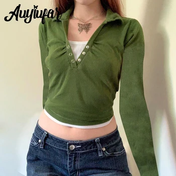 Auyiufar Fairycore Estetik Rahat Yeşil Kadın T-Shirt Retro Y2k Grunge İnce Patchwork Bluzlar Uzun Kollu Moda Kırpma Üstleri