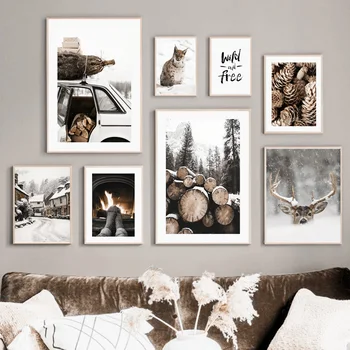 Duvar sanatı tuval yağlıboya Noel Kış Çam Ormanı Geyik Lynx Modern Oturma Odası Dekorasyon Posterler Ve Baskılar Duvar Resimleri