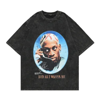 Yüksek Sokak Tshirt Erkekler için Koyu Batı Kıyısı Tarzı Hip Hop Rodman Kısa Kollu Gömlek Yıkanmış Eski Yarım Kollu erkek Giysileri Y2k Üst