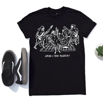 Grim ve Reapers Kafatası Gömlek Unisex Komik Rock Grubu Grafik Tees Kısa Kollu Gevşek Pamuk Siyah Sokak Estetik T-Shirt
