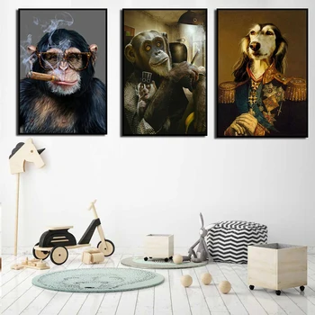 Poster İskandinav Modern Eğlenceli Gorilla ve Köpek Hayvan resim tuvali Duvar HD Baskı Oturma Odası Ev Dekorasyon