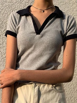 Helıar Kadın polo gömlekler Patchwork Örme V Yaka kısa kollu tişört Kadın Katı Casual Tops Kadınlar İçin 2022 Yaz