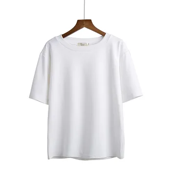 Kadın T-Shirt Katı Gömlek Pamuklu T Shirt Kadın Yuvarlak Boyun Kısa Kollu kadın bluzları Basit Büyük Boy T-shirt Femme Tee Gömlek