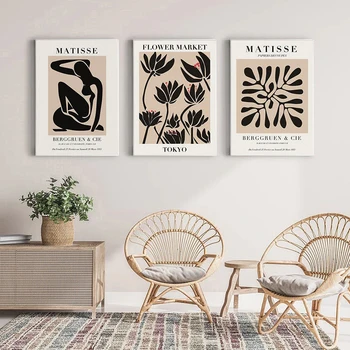 Matisse Çiçek Bitki sanat posterleri Siyah Krem Renkli Arka Plan Beyaz Posterler Ve Baskılar Duvar Resimleri İçin Oturma Odası Dekor