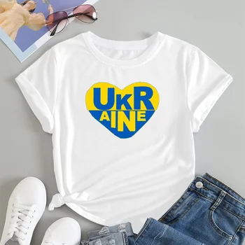 Bayan Kızlar Casual Streetwear Giyim Kısa Kollu Ukrayna Baskı T-shirt Mavi Ve Sarı Kalp Desen 2022 Yaz Kadın TopsTee