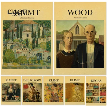 Vintage Klimt Öpücük Manet Dali Kraft Kağıt Modern Klasik Ünlü Resim duvar sanat dekoru Posteri Retro Sanat Boyama Resimleri