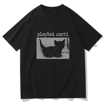 Playboi Carti T-Shirt Rap Siyah Kedi Baskı Streetwear Erkekler Kadınlar Moda Büyük Boy T Shirt Saf Pamuk Hip Hop Tees Tops giyim