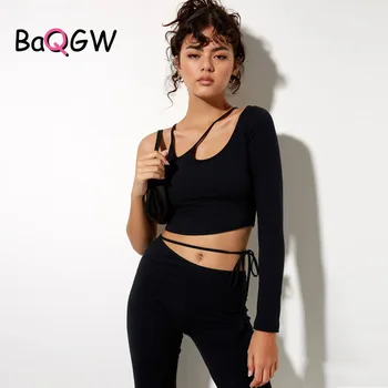 BaQGW Düzensiz Hollow Out Tasarım Katı Bir Omuz T-shirt Kadınlar için Seksi Backless Uzun Kollu Streetwear Kırpılmış Tee Tops
