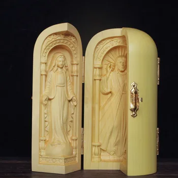 Katolik emanetler üç açık kutuları el sanatları süsler İsa Madonna Joseph Hıristiyan hediyeler şimşir oyma süsler