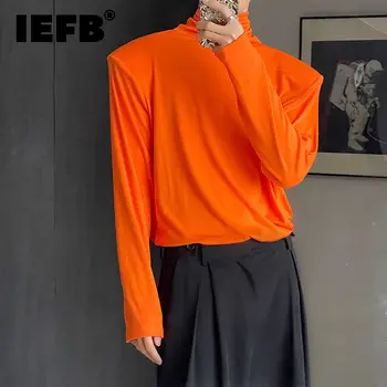 IEFB Sonbahar yeni erkek tişört Balıkçı Yaka kazık yaka omuz pedi uzun kollu slim fit tops katı renk mavi kazak tops