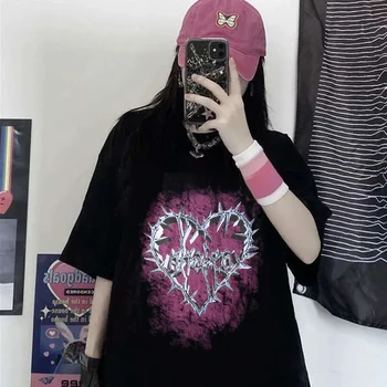 Harajuku T Shirt Kadın Kawaii Büyük Boy T Shirt 2022 Yaz Gotik Baskı T Shirt Rahat Kısa Kollu Y2K Punk Kadın Giyim