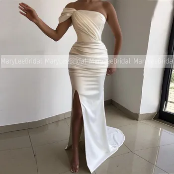 Seksi Yan Bölünmüş Mermaid düğün elbisesi Bir Kapalı Omuz Pleats Saten Yaz Plaj Gelin Elbise Couture Açık Gelinlikler 2022