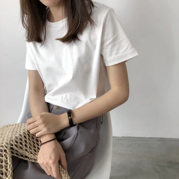 Temel Beyaz Pamuklu T Shirt Kadın 2022 Yaz Yeni Gevşek Katı Tees Casual Tshirt O Boyun Kadın Üstleri
