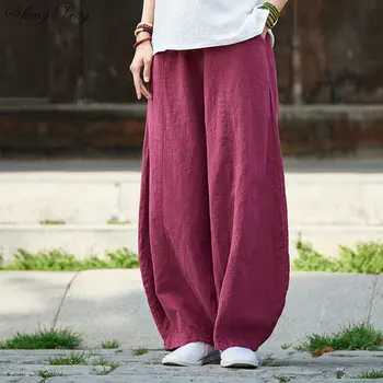 Çin tarzı kapalı beyaz pantolon dökümlü pantolon kadın dikey çizgili rahat gevşek büyük boy geniş bacak pantolon V940