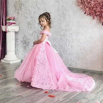 Allık Pembe Çiçek Kız Elbise Düğün İçin Sevimli 3D Çiçekler Prenses Parti Lüks Balo Kız Resmi Pageant Elbise