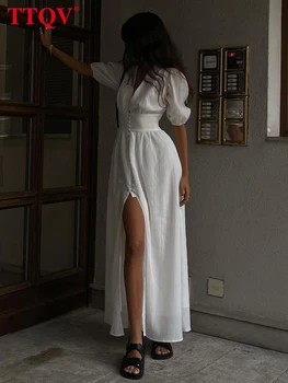 TTQV Seksi V Yaka Kadın Beyaz Elbise 2022 Yaz Kısa Kollu Parti Midi Elbiseler Zarif İnce Tek Göğüslü Yarık kadın elbisesi
