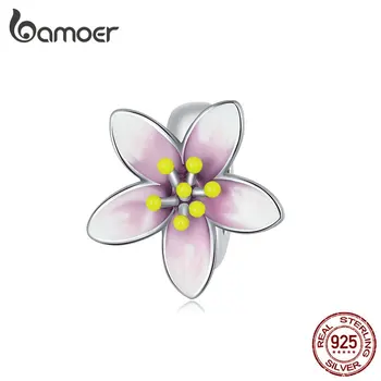 Bamoer 925 Ayar Gümüş Kiraz Çiçeği Charms fit dıy bilezik ve Bileklik Çiçekler Charms Silikon Klip Güzel Takı SCC2334