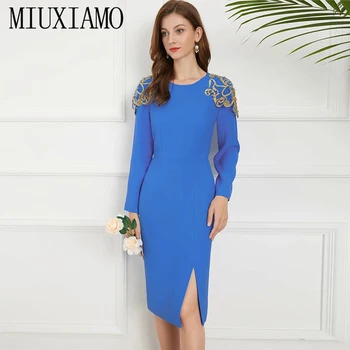 MIUXIMAO 2021 Yeni Sonbahar kadın Giyim O-boyun Uzun Kollu İnce Elbise Moda Zarif Ofis Tarzı Mini Elbise Vestidos