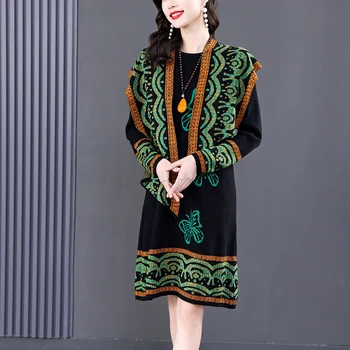Vintage Örme Kazak Elbise Kadınlar 2022 Sonbahar Kış Zarif Tam Kollu Sıcak Gevşek Kadın Elbise uzun elbiseler kadın Giyim için