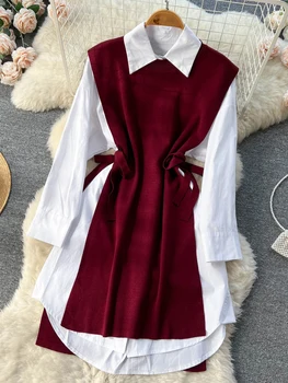 Sonbahar Kış Kadın Yelek Orta Uzunlukta Örme Yelek Gömlek İki parçalı Takım Elbise Şık Moda Düz Renk Uzun Kollu Gömlek Üst D2150