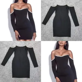 Siyah Seksi kadın Moda bandaj kapalı omuz uzun Kollu elbise