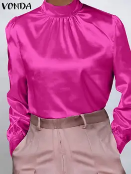 VONDA Ofis Üstleri 2022 Yaz Kadın Saten Bluzlar Casual Katı Renk Yüksek Yaka Gömlek Uzun Puf Kollu İpek Parti Blusa Femme