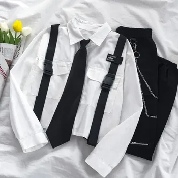 YBYR Harajuku Kadın Gömlek Ve Bluzlar Kadınsı Kravat Cep Üst Rahat Beyaz Turn-aşağı Yaka OL Tarzı Kadın Bluzlar Streetwear