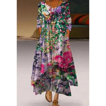 2022 Zarif Çiçekler Baskı Uzun Kollu İlkbahar Sonbahar Casual O Boyun Gevşek Kadın Elbise Vintage Parti Vestidos Uzun Elbiseler