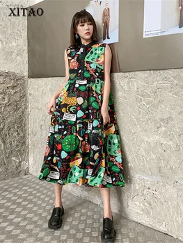 XITAO Baskı Desen Elbise Pilili Tanrıça Fan Rahat Tarzı Kolsuz 2022 Yaz Azınlık Zarif Pilili Elbise WMD7044