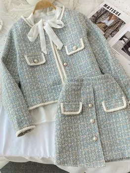 Sonbahar Bayan Tüvit Ekose Ceket Kısa Ceket Üst + Düzensiz Mini Etek Kadın Giysileri 2 Parça Set Takım Elbise